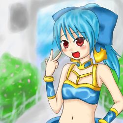 Rule 34 | 1girl, bikini, blue eyes, blue hair, bow, breasts, choker, fang, female focus, hair ribbon, matching hair/eyes, meru (dragoon), nature, navel, open mouth, plant, ponytail, ribbon, shoes, short hair, sky, smile, solo, swimsuit, the legend of dragoon, upper body, wingly, wrist cuffs