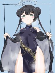 Rule 34 | 1girl, black dress, black hair, blue archive, breasts, china dress, chinese clothes, commentary request, covered navel, double bun, dragon print, dress, green eyes, grey halo, hair bun, halo, highres, jacket, kisaki (blue archive), long hair, looking at viewer, pelvic curtain, print dress, sleeveless, sleeveless dress, slit pupils, small breasts, solo, striped clothes, striped jacket, twintails, vertical-striped clothes, vertical-striped jacket, yeechem2002