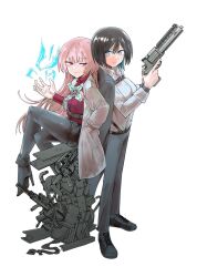 Rule 34 | 2girls, assault rifle, back-to-back, black hair, boots, check copyright, copyright request, crossed legs, double helix blossom, gun, handgun, high heel boots, high heels, highres, holding, holding gun, holding weapon, laser sight, lead pipe, magic, multiple girls, official art, pantyhose, pink hair, revolver, rifle, shinonome kiku, shoes, tsukisagari kyo, weapon, white background