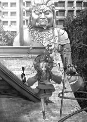 Rule 34 | 1girl, bad id, bad pixiv id, bag, beads, building, city, greyscale, japanese clothes, katou fumitaka, looking at viewer, looking up, monk, monochrome, original, prayer beads, rooftop, rope, solo, staff, standing, standing on one leg, statue, tabi, tree