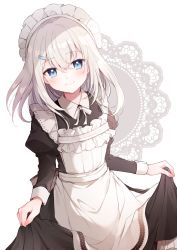 Rule 34 | 1girl, apron, black dress, blue eyes, blush, closed mouth, collared dress, commentary request, copyright request, doily, dress, frilled apron, frills, fukunoki tokuwa, hair between eyes, hair ornament, hairclip, highres, juliet sleeves, long sleeves, looking at viewer, maid, maid apron, maid headdress, puffy sleeves, simple background, skirt hold, smile, solo, virtual youtuber, white apron, white background, white hair