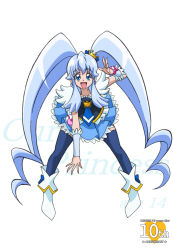 Rule 34 | 10s, 1girl, :d, anniversary, arudebido, blue eyes, blue hair, blue skirt, blue thighhighs, brooch, character name, copyright name, crown, cure princess, earrings, frills, full body, happinesscharge precure!, heart, heart brooch, jewelry, leaning forward, long hair, magical girl, matching hair/eyes, mini crown, necktie, open mouth, precure, shirayuki hime, shoes, sidelocks, skirt, smile, solo, standing, thighhighs, twintails, white background