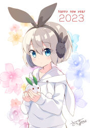 Rule 34 | 1girl, 2023, animal earmuffs, animal ears, animal hood, blue eyes, chinese zodiac, closed mouth, commentary request, drawstring, earmuffs, fake animal ears, floral background, grey hair, hair between eyes, happy new year, highres, holding, hood, hood down, hoodie, long sleeves, massala, nail polish, nengajou, new year, original, pink nails, puffy long sleeves, puffy sleeves, rabbit ears, rabbit hood, signature, simple background, sleeves past wrists, snow rabbit, solo, upper body, white background, white hoodie, year of the rabbit