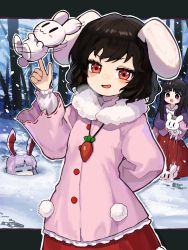 Rule 34 | 3girls, = =, animal, animal ears, black eyes, black hair, blush, buttons, carrot necklace, coat, highres, hime cut, houraisan kaguya, howhow notei, inaba tewi, japanese clothes, jewelry, light purple hair, long hair, long sleeves, multiple girls, necklace, open mouth, pink coat, pink shirt, pom pom (clothes), rabbit, rabbit ears, red eyes, red skirt, reisen udongein inaba, shirt, short hair, skirt, smile, snow, touhou