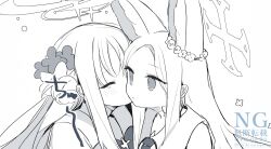 2girls animal_ears blue_archive closed_eyes commentary_request greyscale halo highres kiss kissing_cheek long_hair mika_(blue_archive) monochrome multiple_girls seia_(blue_archive) upper_body yun_(dust-i1) yuri