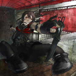 Rule 34 | 1girl, brown hair, character request, explosive, gloves, grenade, indoors, knife, natsume (tsu-na), original, pantyhose, red eyes, sailor collar, skirt, solo, stairs, watch, wristwatch