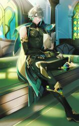 Rule 34 | 1boy, abandon ranka, abs, absurdres, alhaitham (genshin impact), book, boots, cape, commentary, gem, genshin impact, green cape, green eyes, green gemstone, grey hair, highres, holding, holding book, looking at viewer, pectorals, sitting, solo, stained glass
