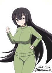 Rule 34 | 1girl, alternate costume, black hair, breasts, brown eyes, clenched hand, cowboy shot, dated, green jacket, green pants, hand on own hip, jacket, kantai collection, large breasts, long hair, masara (chuujou), nagato (kancolle), no headgear, one-hour drawing challenge, pants, simple background, solo, track jacket, track pants, track suit, twitter username, white background, wide hips