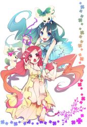 Rule 34 | 10s, 2girls, :d, :o, barefoot, blue eyes, blue hair, chypre (heartcatch precure!), coffret (heartcatch precure!), dress, hanasaki tsubomi, heartcatch precure!, kurumi erika, long hair, looking at viewer, multiple girls, open mouth, pink eyes, pink hair, precure, ribbon, smile, soles, sumi (private-road), upskirt