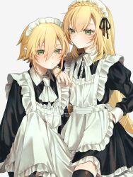 2boys absurdres apron arm_on_another&#039;s_shoulder arm_rest bishounen black_dress blonde_hair bow bowtie buttons closed_mouth collared_dress cowboy_shot crossdressing dazz_(dazz_gp3yd) dress dual_persona english_text expressionless eyelashes frilled_apron frilled_dress frills green_eyes grey_background hair_between_eyes height_difference highres juliet_sleeves knee_up long_bangs long_hair long_sleeves looking_ahead maid maid_apron maid_headdress male_focus multiple_boys neckerchief nijisanji puffy_sleeves short_hair simple_background sitting straight_hair trap uzuki_kou virtual_youtuber watermark web_address white_apron white_bow white_bowtie white_headdress white_neckerchief