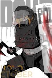 Rule 34 | 1girl, abs, axe, ballistic shield, blonde hair, blood, blood splatter, bloody weapon, body armor, bullet hole, bulletproof vest, combat helmet, corrupted twitter file, helmet, highres, hololive, hololive indonesia, jasper xandros, kaela kovalskia, mask, police, red eyes, riot shield, shield, swat, tactical clothes, virtual youtuber, weapon