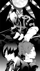 Rule 34 | 1boy, 1girl, atlus, from side, full moon, greyscale, hei jin, looking at viewer, monochrome, monster, moon, oto tin, persona, persona 3, persona 3 portable, ponytail, profile, shiomi kotone, short hair, thanatos (persona), upper body, weapon, yuuki makoto (persona 3)