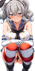Rule 34 | 1girl, 2024, artist name, ass, belko, blue eyes, blue sailor collar, blue skirt, blush, breasts, cleavage, closed mouth, collarbone, cosplay, dated, elbow gloves, female focus, gloves, grey hair, highres, kantai collection, kashima (kancolle), large breasts, looking at viewer, microskirt, sailor collar, school uniform, serafuku, shimakaze (kancolle) (cosplay), shirt, simple background, skirt, smile, solo, striped clothes, striped thighhighs, thick thighs, thighhighs, thighs, thong, twintails, twitter username, underwear, white background, white gloves