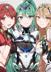 Rule 34 | 3girls, bare shoulders, blonde hair, blush, breasts, chest jewel, cleavage, commentary, covered navel, earrings, female focus, green eyes, green hair, headpiece, highres, jewelry, large breasts, long hair, looking at viewer, matching hair/eyes, multiple girls, multiple persona, mythra (xenoblade), peach11 01, pneuma (xenoblade), ponytail, pyra (xenoblade), red hair, short hair, smile, swept bangs, symbol-only commentary, tiara, twitter username, very long hair, xenoblade chronicles (series), xenoblade chronicles 2, yellow eyes