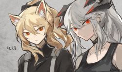 Rule 34 | 2girls, absurdres, animal ear fluff, animal ears, arknights, black bow, black choker, black shirt, black tank top, blemishine (arknights), blonde hair, bow, choker, closed mouth, commentary, dated, dragon horns, english commentary, expressionless, frown, grey background, hair bow, highres, horns, horse ears, iwis, long hair, looking at viewer, multiple girls, orange eyes, saria (arknights), shirt, silver hair, tank top, twitter username, upper body