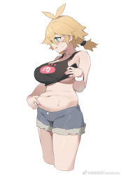 Rule 34 | 1girl, antenna hair, aqua eyes, artist name, bare shoulders, belly grab, blonde hair, breasts, character request, commentary request, copyright request, cowboy shot, cropped legs, hair between eyes, hand on own stomach, large breasts, looking away, navel, nori tamahana, open mouth, short shorts, shorts, simple background, solo, sweat, twintails, weight conscious, white background