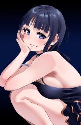 Rule 34 | 1girl, asaka karin, black dress, blue background, blue dress, blue eyes, blue hair, blush, bracelet, breast press, breasts on lap, diverdiva, dress, from side, hand up, highres, igarashi kyouhei, jewelry, long hair, looking at viewer, looking to the side, love live!, love live! nijigasaki high school idol club, pearl bracelet, simple background, smile, solo, squatting