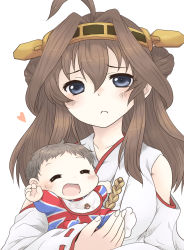 Rule 34 | 10s, 1girl, :&lt;, ^ ^, ahoge, baby, bib, blush, closed eyes, detached sleeves, double bun, flag print, hair bun, hairband, heart, highres, if they mated, kantai collection, kongou (kancolle), nontraditional miko, open mouth, pout, smile, the first ship of the kongou from jamaica, toto (hitori othello), union jack