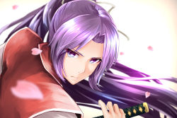 Rule 34 | 1girl, bad id, bad pixiv id, blue eyes, blurry, depth of field, expressionless, hair ribbon, hand on hilt, haori, japanese clothes, kamiya ueshi, katana, leaning forward, long hair, looking at viewer, looking back, meira (touhou), petals, ponytail, purple hair, ribbon, serious, simple background, solo, sword, thick eyebrows, touhou, touhou (pc-98), upper body, very long hair, weapon, white background
