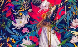 Rule 34 | 1boy, alternate costume, alternate hairstyle, arm up, artist name, bishounen, closed eyes, closed mouth, earrings, egawa akira, fate/apocrypha, fate/grand order, fate (series), floral background, flower, gem, hair between eyes, highres, indian clothes, jewelry, karna (fate), long hair, long sleeves, male focus, single earring, solo, upper body