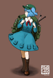 Rule 34 | 1girl, backpack, bag, blue eyes, blue hair, boots, cross-laced footwear, female focus, hair bobbles, hair ornament, hat, highres, kawashiro nitori, long sleeves, looking afar, maru8 a go go, maruhachi (maruhachi record), matching hair/eyes, shirt, skirt, skirt set, solo, touhou, twintails, two side up, wrench