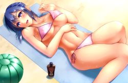 Rule 34 | 1girl, arima kouichi, beach, bikini, blue eyes, blue hair, blush, breasts, covered erect nipples, female focus, hand on own stomach, large breasts, looking at viewer, lotion, lying, matching hair/eyes, on back, open mouth, original, short hair, side-tie bikini bottom, solo, strap lift, sweat, swimsuit, towel, underboob