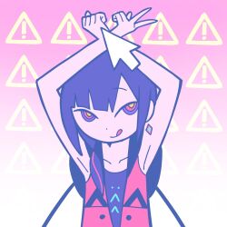 Rule 34 | 1girl, :q, armpits, arms up, black jacket, bound, bound wrists, collarbone, commentary, cursor, english commentary, gradient background, highres, hood, hood down, hooded jacket, jacket, kamitsubaki studio, looking at viewer, multicolored eyes, multicolored hair, no sclera, open clothes, open jacket, patterned background, pink background, pinned, purple eyes, purple hair, purple shirt, raised eyebrows, red eyes, red hair, red jacket, rim (kamitsubaki studio), seductive smile, shirt, sign, sleeveless, sleeveless jacket, sleeveless shirt, smile, solo, streaked hair, tongue, tongue out, upper body, upturned eyes, virtual youtuber, w, wan 2220, warning sign, white background, yellow pupils