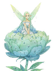 Rule 34 | 1girl, aqua theme, barham, blue hair, blue theme, breasts, dew drop, dress, dripping, fairy, fairy wings, gradient hair, green hair, long hair, looking at viewer, mini person, minigirl, multicolored hair, off shoulder, on flower, original, painting (medium), pointy ears, sash, simple background, sitting, traditional media, v arms, very long hair, water drop, watercolor (medium), wavy hair, wet wings, white background, wings