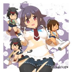 Rule 34 | 4girls, ahoge, asymmetrical hair, black hair, black legwear, blue skirt, brown eyes, brown hair, capriccyo, chibi, framed breasts, gloves, hair between eyes, hair flaps, hair ornament, hairclip, headphones, highres, i-13 (kancolle), i-14 (kancolle), i-401 (kancolle), kantai collection, low twintails, magatama, multiple girls, orange sailor collar, paint roller, paintbrush, pantyhose, partially fingerless gloves, pleated skirt, ponytail, purple hair, red eyes, red neckwear, sailor collar, sailor shirt, school swimsuit, shirt, short hair, short ponytail, single glove, skirt, solo focus, swimsuit, swimsuit under clothes, taigei (kancolle), twintails, water gun, whale