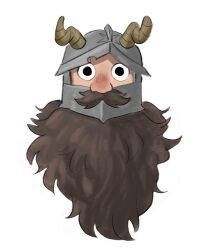 Rule 34 | 1boy, beard, blank stare, brown hair, cropped head, dungeon meshi, dwarf, empty eyes, facial hair, fake horns, helmet, highres, horned helmet, horns, long beard, looking at viewer, male focus, mustache, red nose, senshi (dungeon meshi), solo, straight-on, thick mustache, very long beard, white background, woafofbread