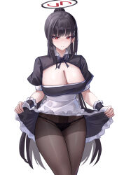 Rule 34 | 1girl, absurdres, alternate costume, alternate hairstyle, apron, black hair, black panties, blue archive, breasts, cleavage, clothes lift, dress, dress lift, enmaided, frilled dress, frills, hair ornament, hairclip, highres, kaijiba, lace, lace panties, large breasts, long hair, looking at viewer, maid, maid apron, panties, panties under pantyhose, pantyhose, ponytail, rio (blue archive), simple background, solo, underwear, very long hair, white background, wrist cuffs