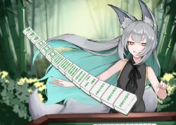 Rule 34 | 1girl, absurdres, animal ear fluff, animal ears, aqua hair, bamboo, bamboo forest, black ribbon, breasts, colored inner hair, fangs, forest, fox ears, fox girl, fox tail, grey hair, grin, highres, mahjong, multicolored hair, nature, orange eyes, original, ribbon, ryuuiisou, sleeveless, slit pupils, small breasts, smile, tail, teeth, yaho nyan