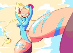 Rule 34 | 1girl, ahoge, arms up, bodypaint, boots, braid, breasts, cammy white, gauntlets, gloves, highres, huge ahoge, leotard, medium breasts, necktie, perspective, puckered lips, red gloves, ribbed leotard, simple background, solo, spread legs, street fighter, thick thighs, thighs, thong, twin braids, wriizzyarts, yellow necktie