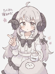 Rule 34 | 1girl, black bow, blush, bow, brown eyes, colon br, cup, dress, grey background, grey hair, hair ornament, highres, holding, holding cup, horns, long hair, long sleeves, original, sheep, sheep horns, simple background, solo, white dress