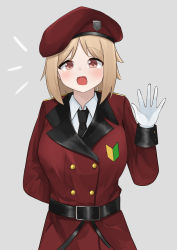 Rule 34 | 1girl, absurdres, arm behind back, blonde hair, commission, girls&#039; frontline, gloves, griffin &amp; kryuger, griffin &amp; kryuger military uniform, hat, highres, looking at viewer, mp40 (girls&#039; frontline), non-web source, open mouth, red hat, short hair, smile