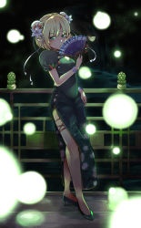 1girl, alternate costume, bangs, black dress, black footwear, blonde hair, blush, breasts, bridge, bun cover, china dress, chinese clothes, closed mouth, commentary request, double bun, dress, eyebrows visible through hair, fan, flower, folding fan, full body, ginnkei, green eyes, hair flower, hair ornament, high heels, highres, holding, holding fan, looking to the side, medium breasts, mizuhashi parsee, pointy ears, river, short hair, solo, standing, touhou, underground, water, white flower, wooden bridge
