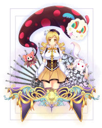 Rule 34 | 10s, absurdres, beret, blonde hair, breasts, charlotte (madoka magica), corset, detached sleeves, drill hair, fingerless gloves, gloves, gun, hair ornament, hat, highres, kyubey, large breasts, magical girl, magical musket, mahou shoujo madoka magica, mahou shoujo madoka magica (anime), pleated skirt, ribbon, shirt, skirt, smile, soul gem, striped clothes, striped legwear, striped thighhighs, taut clothes, taut shirt, thighhighs, tomoe mami, tomoekou, vertical-striped clothes, vertical-striped legwear, vertical-striped thighhighs, weapon, yellow eyes