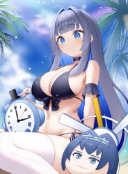 Rule 34 | 1girl, absurdres, arm garter, bare shoulders, bikini, black bikini, black choker, blue eyes, blue hair, breasts, choker, cleavage, closed mouth, colored inner hair, commentary, day, front-tie bikini top, front-tie top, grey hair, hair intakes, halterneck, highres, hololive, hololive english, kronie (ouro kronii), large breasts, long hair, looking down, multicolored hair, navel, ouro kronii, outdoors, roina (effj7473), side-tie bikini bottom, sitting, smile, solo, stomach, string bikini, swimsuit, thighhighs, thighs, very long hair, virtual youtuber, wet, white thighhighs, yukkronii (ouro kronii)