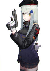 Rule 34 | 1girl, absurdres, arm behind back, beret, blue hair, blush, checkered clothes, checkered skirt, feet out of frame, girls&#039; frontline, gloves, green eyes, gun, hanabusaraleigh, hand on back, hat, highres, hk416 (girls&#039; frontline), holding, holding gun, holding weapon, long hair, looking at viewer, magazine (weapon), skirt, solo, standing, thighhighs, tongue, tongue out, uniform, weapon, white background, white gloves