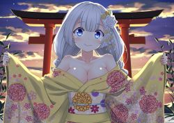 Rule 34 | 1girl, backlighting, bare shoulders, blue eyes, blunt bangs, blurry, braid, breasts, cleavage, cloud, cloudy sky, collarbone, commentary request, depth of field, hair between eyes, highres, japanese clothes, kimono, kizuna akari, long hair, long sleeves, looking at viewer, low twintails, obi, off shoulder, outstretched arms, sash, shinko gunsei, sidelocks, silver hair, sky, sleeves past wrists, smile, solo, spread arms, sunrise, torii, twilight, twin braids, twintails, voiceroid, wide sleeves