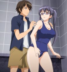 Rule 34 | 1boy, 1girl, bathroom, black hair, breasts, brown eyes, brown hair, cleavage, eroge! h mo game mo kaihatsu zanmai, glasses, highres, kosaka iori, large breasts, legs, long hair, mochizuki tomoya, one-piece swimsuit, red eyes, shorts, stitched, swimsuit, thighs, third-party edit, twintails