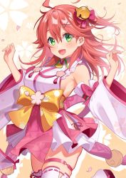Rule 34 | 1girl, ahoge, bell, blush, breasts, cherry blossom print, detached sleeves, floral print, green eyes, hair bell, hair between eyes, hair ornament, hairclip, highres, hololive, long hair, open mouth, paw print, paw print pattern, petals, pink hair, piyopoyo, sakura miko, sakura miko (1st costume), sideboob, solo, virtual youtuber, x hair ornament