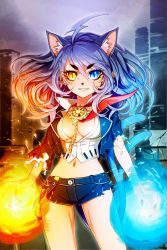 Rule 34 | 1girl, ahoge, animal ears, belt, blue eyes, blue hair, breasts, cat ears, cat shi, cat tail, chain, cleavage, denim, denim shorts, fang, fire, fire, glowing, grin, heterochromia, jacket, jewelry, long hair, matching hair/eyes, medium breasts, midriff, nail polish, navel, necklace, open mouth, short shorts, shorts, smile, solo, standing, sword girls, tail, torn clothes, yellow eyes