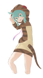 Rule 34 | 1girl, :d, absurdres, bad id, bad pixiv id, bare legs, clothing cutout, cropped legs, crossed bangs, from behind, green eyes, green hair, hair between eyes, hand in pocket, hand up, highres, hood, hood up, hoodie, kemono friends, kona ming, long sleeves, looking at viewer, looking back, open mouth, pink ribbon, ribbon, simple background, smile, snake tail, solo, striped sleeves, striped tail, tail, tail through clothes, tsuchinoko (kemono friends), white background