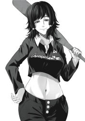 Rule 34 | 1girl, absurdres, baseball bat, black hair, black pants, breasts, chainsaw man, crop top, greyscale, highres, holding, holding weapon, laba laba batu, looking at viewer, medium breasts, midriff, mifune fumiko, monochrome, navel, pants, simple background, smile, stomach, weapon