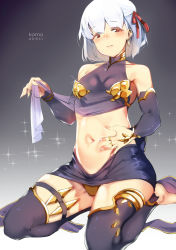 Rule 34 | 1girl, artist name, bare shoulders, barefoot, blush, breasts, character name, collarbone, commentary, detached sleeves, dress, earrings, fate/grand order, fate (series), hair between eyes, hair ribbon, hand on own stomach, highres, jewelry, kama (fate), kani fish, kneeling, long hair, looking at viewer, medium breasts, navel, orange panties, panties, parted lips, purple dress, red eyes, red ribbon, ribbon, ring, short hair, simple background, sitting, smile, solo, thighhighs, underwear, white hair