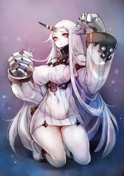 Rule 34 | 10s, 1girl, abyssal ship, bare legs, bare shoulders, blush, boots, breasts, claws, covered navel, detached sleeves, dress, covered erect nipples, highres, horns, kadokawa shoten, kantai collection, large breasts, long hair, pale skin, red eyes, revision, ribbed dress, seaport princess, short dress, sideboob, single horn, sketch, solo, sweater, sweater dress, taishi (picchiridou), thighs, very long hair, white hair