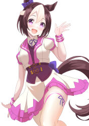 Rule 34 | 1girl, absurdres, animal ears, blush, bow, braid, brown hair, collared shirt, commentary request, cropped jacket, ear bow, french braid, hair between eyes, highres, horse ears, horse girl, horse tail, jacket, looking at viewer, multicolored hair, open mouth, pleated skirt, puffy short sleeves, puffy sleeves, purple bow, purple eyes, purple shirt, shirt, short hair, short sleeves, simple background, sitting, skirt, solo, special week (umamusume), streaked hair, tail, teeth, thighhighs, tsuyusora, umamusume, upper teeth only, white background, white hair, white jacket, white shirt, white skirt, white thighhighs, wrist cuffs