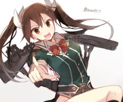 Rule 34 | 10s, 1girl, bad id, bad twitter id, bow, bowtie, brown eyes, brown hair, hiiragi souren, kantai collection, pelvic curtain, pointing, smile, solo, tone (kancolle), tone kai ni (kancolle), twintails, uniform