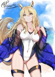 Rule 34 | 1girl, animal ear fluff, animal ears, arknights, artist name, bare shoulders, beach, blonde hair, blue jacket, blue sky, breasts, brown eyes, cloud, collarbone, commentary, commission, covered navel, cowboy shot, day, highres, horse ears, horse tail, jacket, kouno (uiyoyo199), long hair, medium breasts, nearl (arknights), nearl (shimmering dew) (arknights), off shoulder, official alternate costume, one-piece swimsuit, open clothes, open jacket, outdoors, parted lips, pixiv commission, pouch, see-through, sky, smile, solo, standing, swimsuit, swimsuit cover-up, symbol-only commentary, tail, thigh pouch, thighs, white background, white one-piece swimsuit